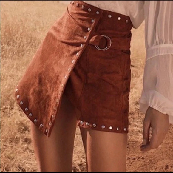 Lulus brown studded faux suede asymmetrical mini skirt - Picture 1 of 6